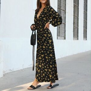 GANNI Black Yellow Floral Print Long Sleeve Wrap Maxi Dress - Size 38